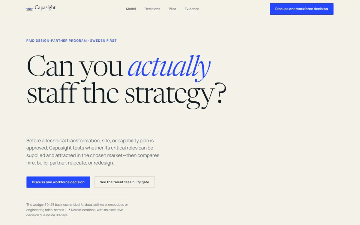 Capasight editorial homepage asking whether a strategy can be staffed