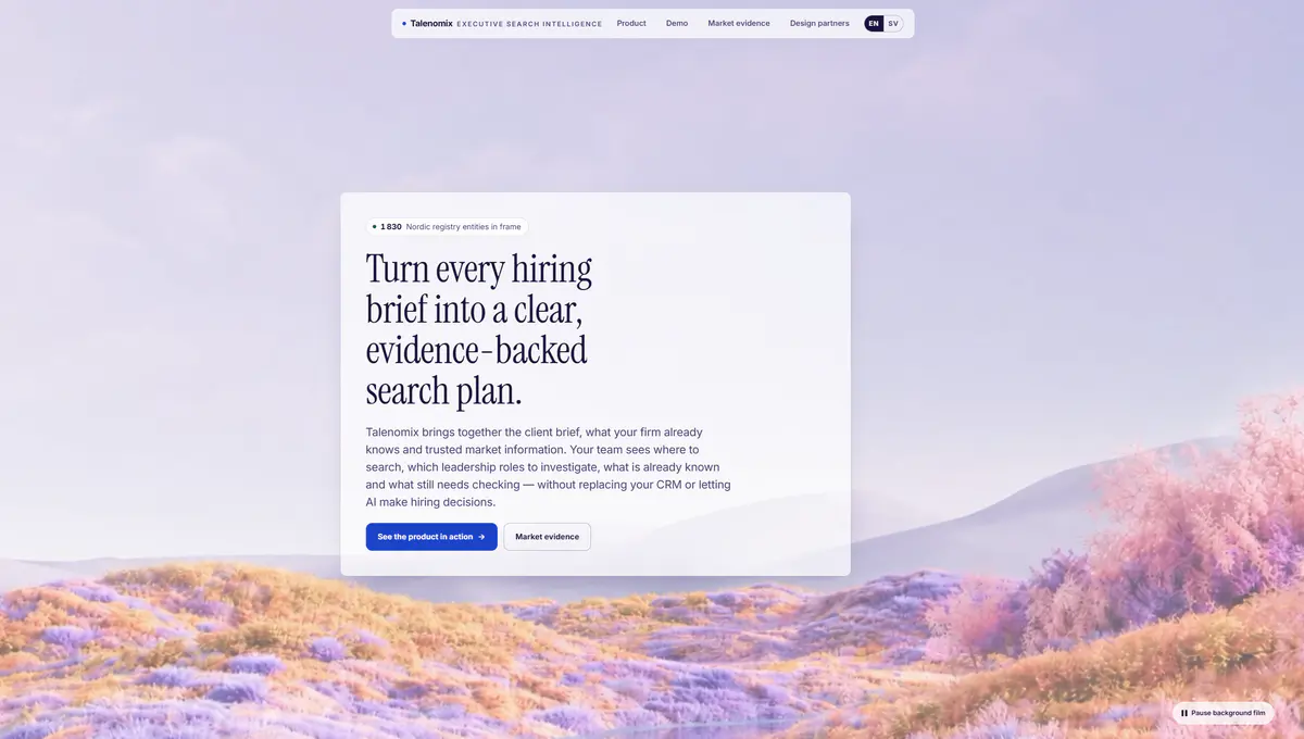 Talenomix homepage presenting an evidence-backed executive-search plan